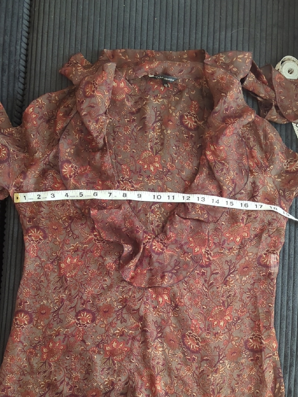 Brown Floral Ruffle V-Neck Blouse Size S/M